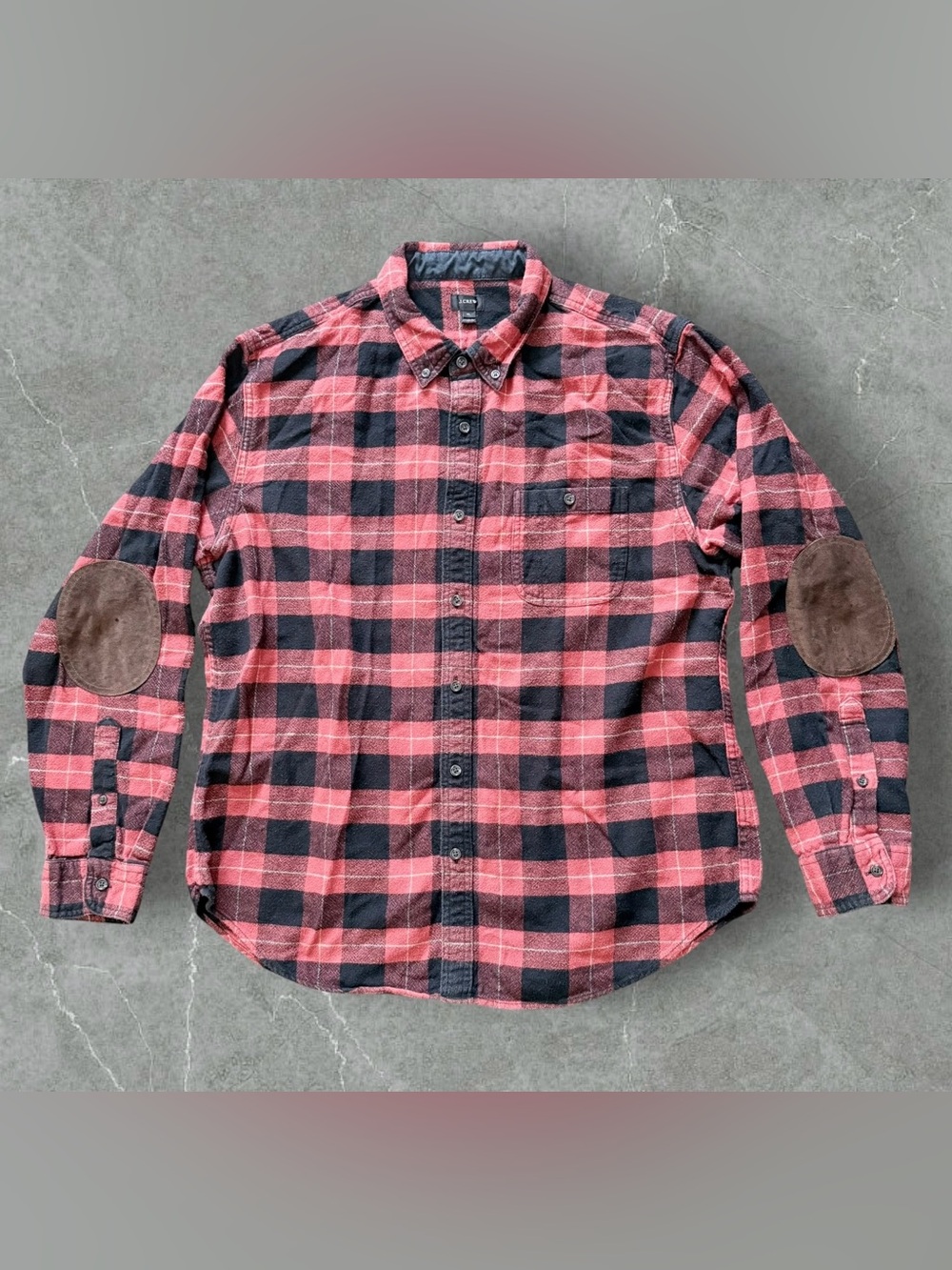 J.Crew Mens XL Red Black Buffalo Plaid Flannel Shirt Suede Elbow Patches